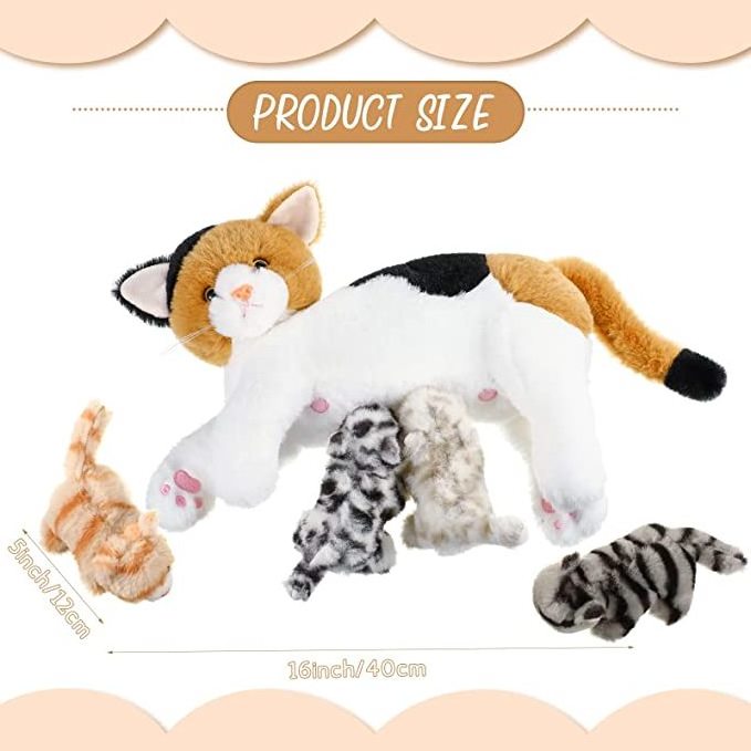 Nurturing Cat Stuffed Animal with Plush Kittens, for Girls and Boys Plushy Kitty Mommy Cat with 4 Baby Cats for Birthday Party