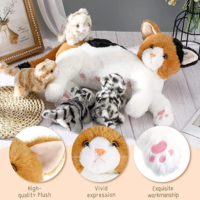 Nurturing Cat Stuffed Animal with Plush Kittens, for Girls and Boys Plushy Kitty Mommy Cat with 4 Baby Cats for Birthday Party