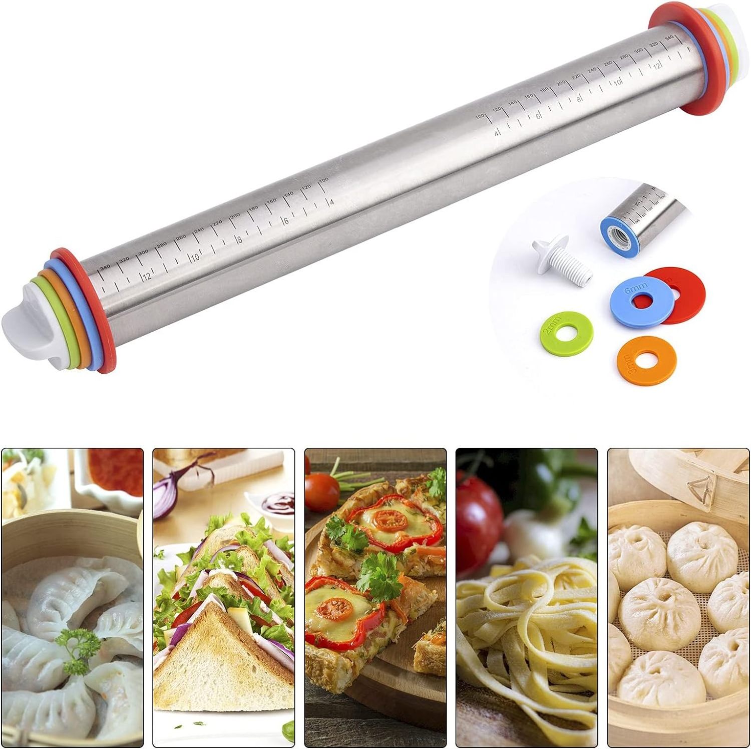 Adjustable Stainless Steel Rolling Pin Non-Stick Rolling Pin with Adjustable Thickness Rings for Pastry Dough pie