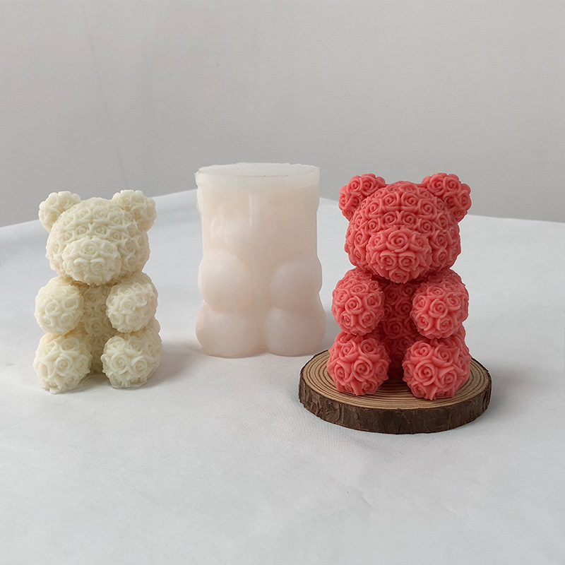 Rose covered teddy bears flower 3D Silicone mold candle making molds roses candles flowers floral romantic love valentines day