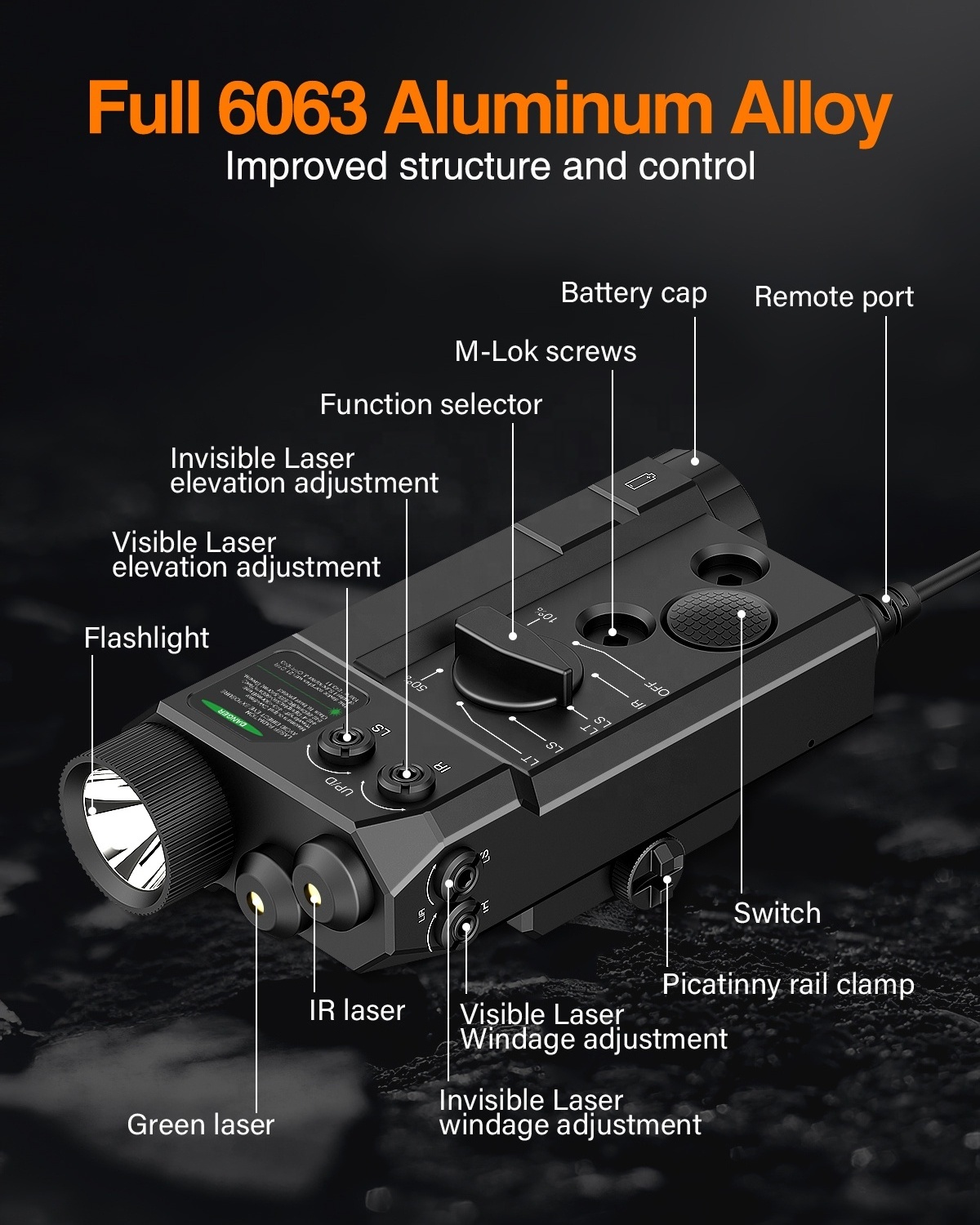 4 in 1 Multi-Function 1000 Lumens Strobe Flashlight Tactical Green/IR Laser Combo with Rechargeable Battery