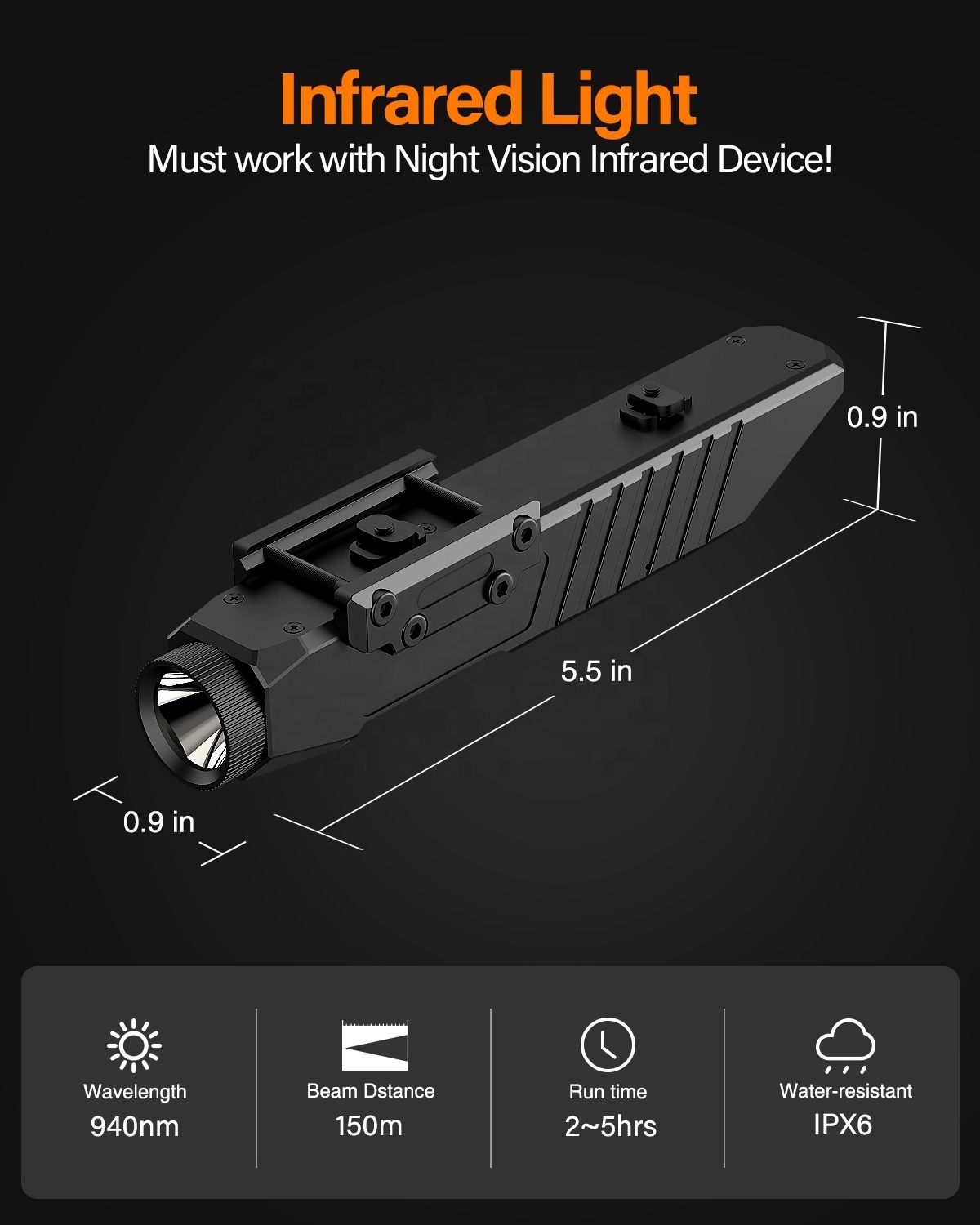 940nm IR Illuminator Flashlight for Night Vision Scope, Rechargeable Infrared Scope Light