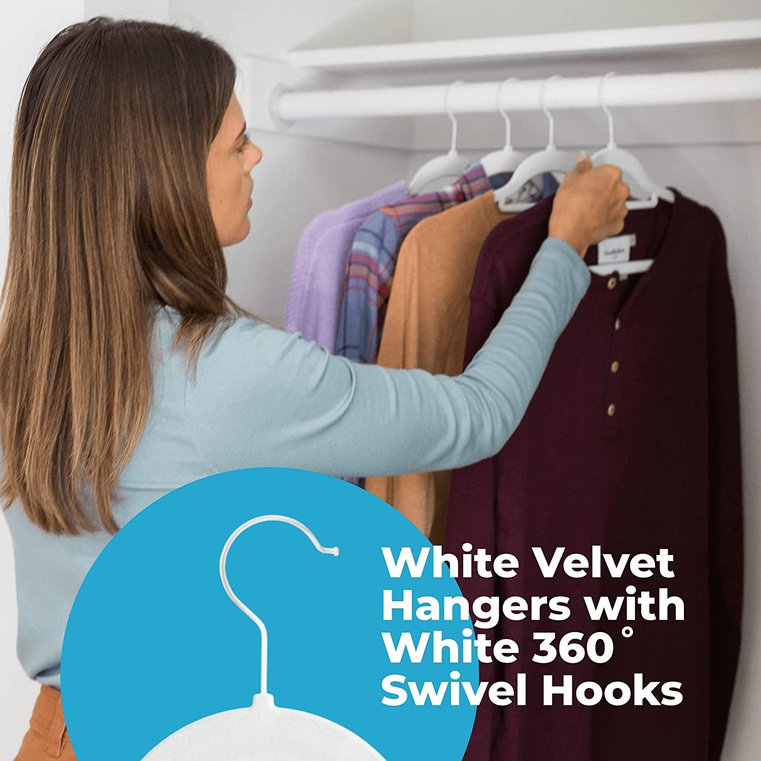 Luxury White Velvet Felt Non Slip Clothes Hangers 50 Pack - Ultra Slim & Space Saving - Heavy Duty Swivel White Hook for Clothes