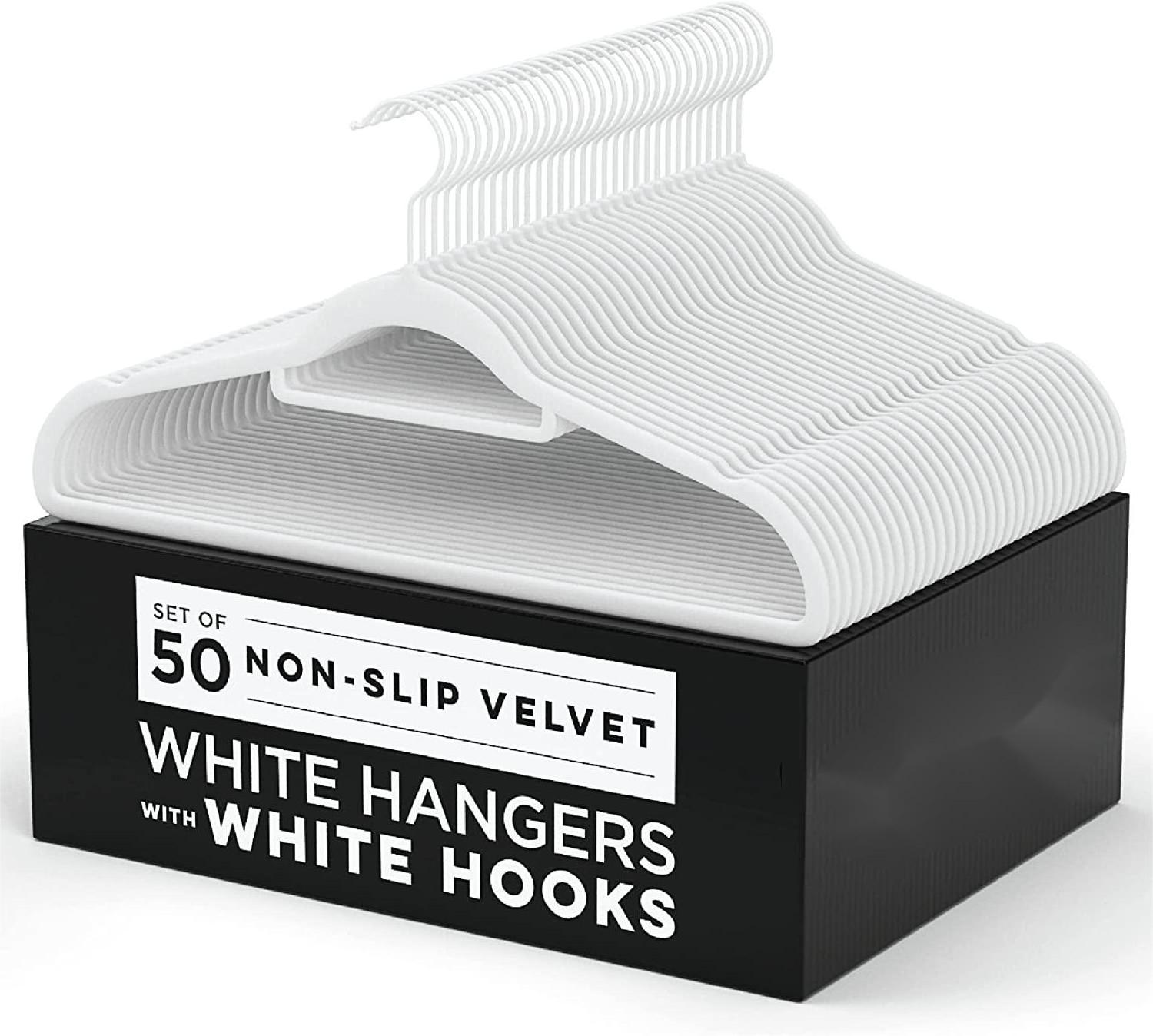 Luxury White Velvet Felt Non Slip Clothes Hangers 50 Pack - Ultra Slim & Space Saving - Heavy Duty Swivel White Hook for Clothes