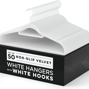 Luxury White Velvet Felt Non Slip Clothes Hangers 50 Pack - Ultra Slim & Space Saving - Heavy Duty Swivel White Hook for Clothes