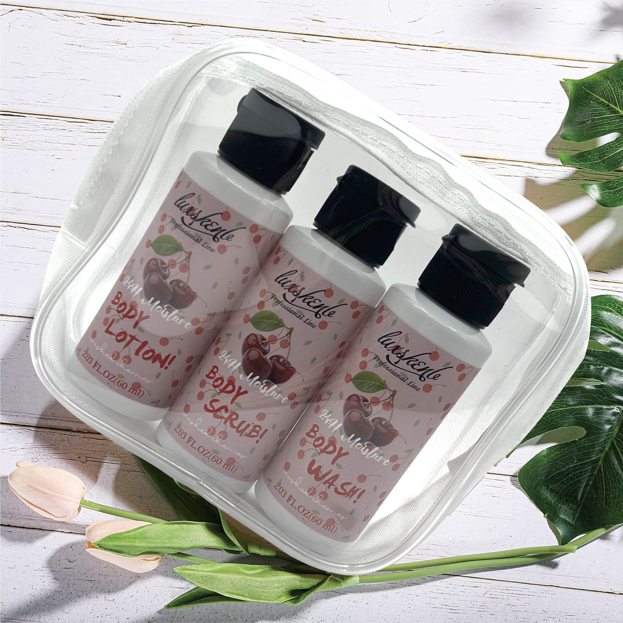 Travel Size Cherry Essence Fruit Bath and Body Works Shower Set Vegan Bath Cleansing Organic Exfoliating Body Scrub And Lotion