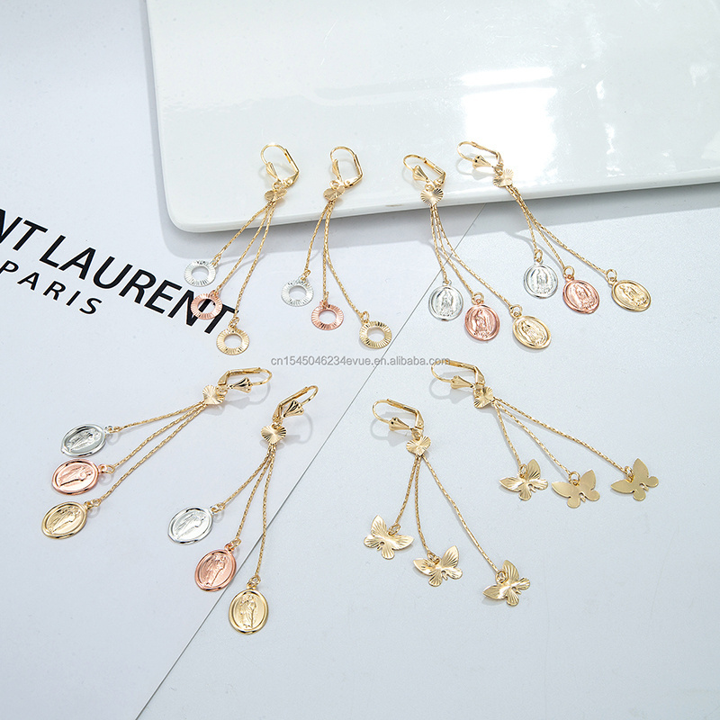 JML Three-Wire Disc Ear Charms 24K Gold Plated Long Chain Tassel Earrings For Wedding