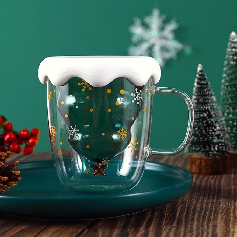 Double wall high borosilicate glass handle cup w/green xmas tree inner & amber star & decal & white silicone lid for drinking