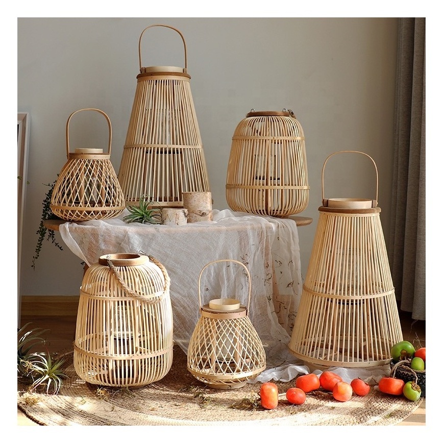 Hot selling home decoration technology Natural retro rural style Hand made rattan storm lantern Bamboo candle lantern