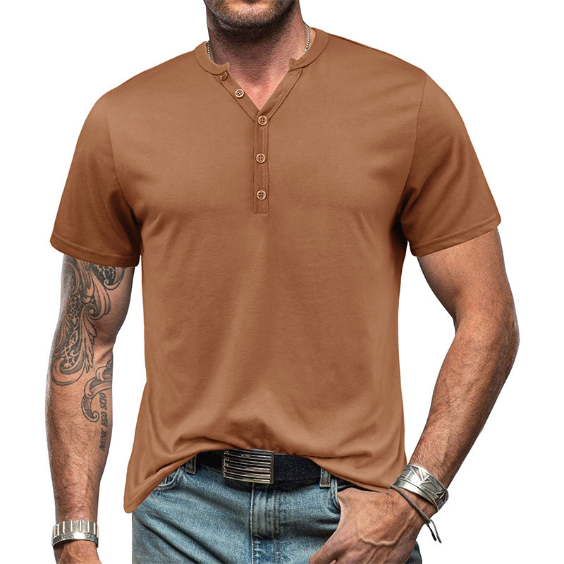 US Size Men's Cotton 180GSM Button Up Short Sleeved T-shirt Leisure Fit Sports Running Henley T Shirt