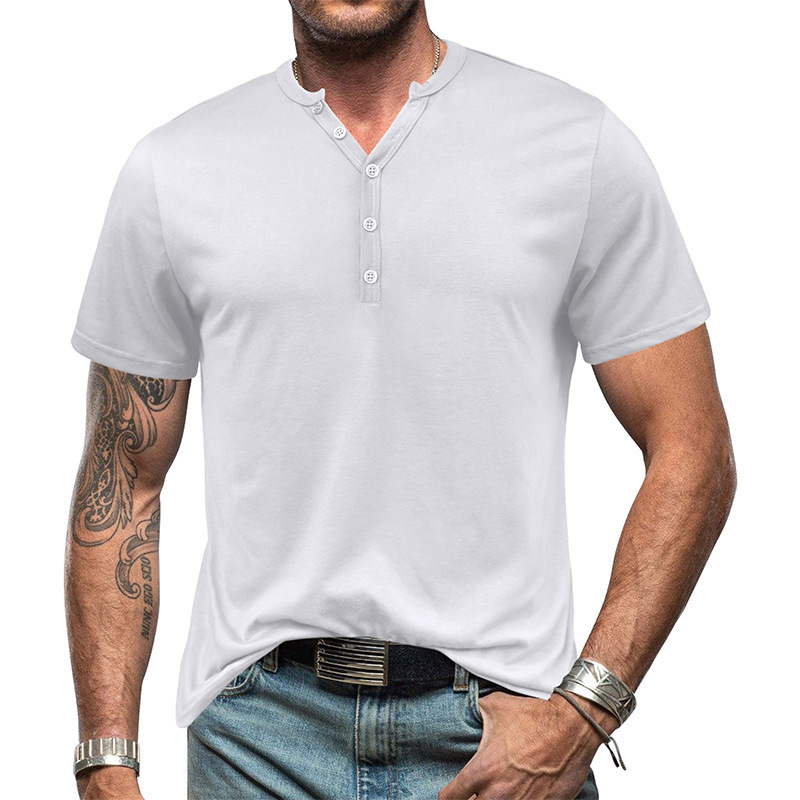 US Size Men's Cotton 180GSM Button Up Short Sleeved T-shirt Leisure Fit Sports Running Henley T Shirt