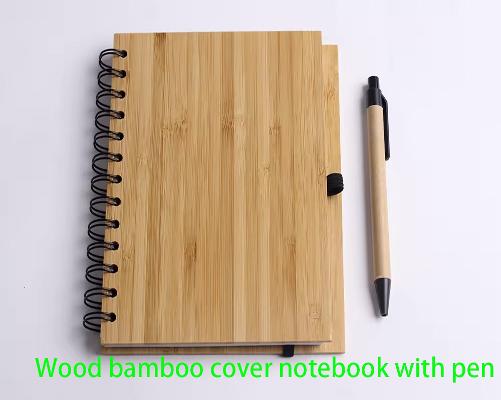 Hote sale wood grain Notepad Customized recycled bamboo cover notebook with bandage pen holder wood notebook and pen gift sets