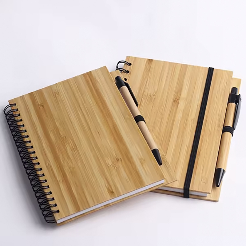 Hote sale wood grain Notepad Customized recycled bamboo cover notebook with bandage pen holder wood notebook and pen gift sets