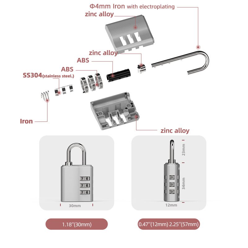 Customizable Lock 3 Digit Combination Locks 24N Combination Padlock for Backpack Zipper Small Travel Bag Gym Dial Padlocks