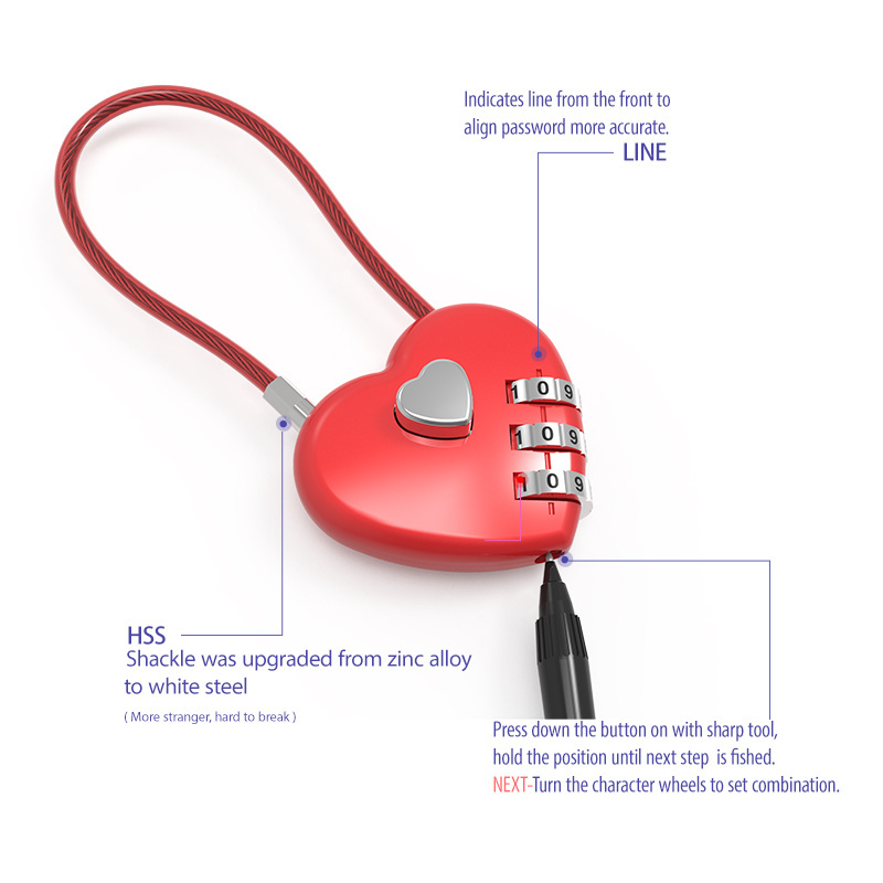 Cheap Promotion combination lock heart shaped padlock 3 digit travel luggage lock red pink black color