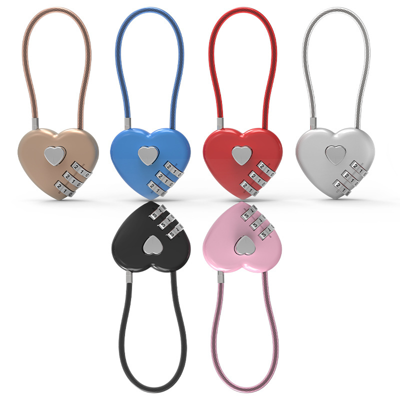 Cheap Promotion combination lock heart shaped padlock 3 digit travel luggage lock red pink black color