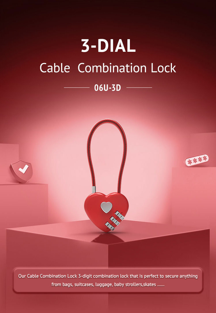 Cheap Promotion combination lock heart shaped padlock 3 digit travel luggage lock red pink black color