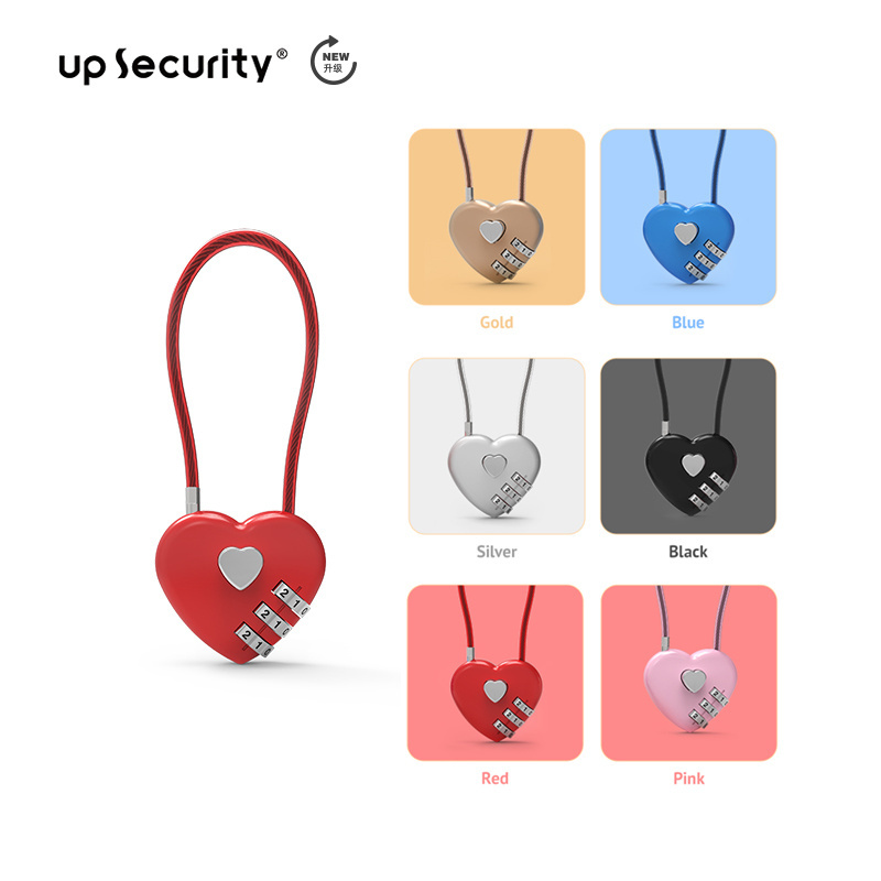 Cheap Promotion combination lock heart shaped padlock 3 digit travel luggage lock red pink black color