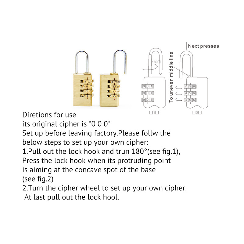 Hot Selling Gold Brass 3 digit  Combination Lock  copper password number letters padlock for bag suitcase cabinet locker