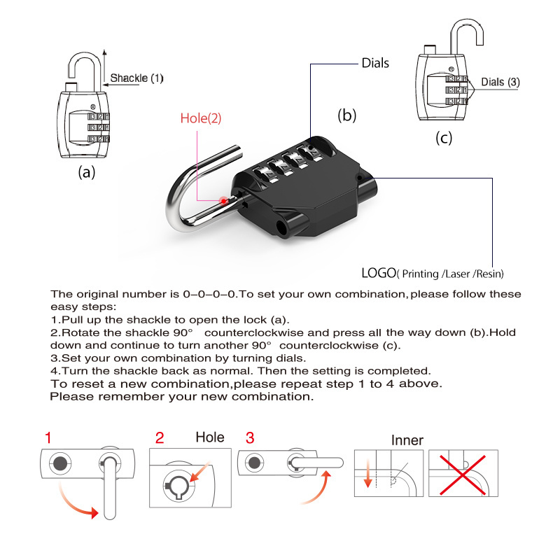 Customization Long 4 Digit Combination Padlock for safe Locker Combination Lock in zinc alloy