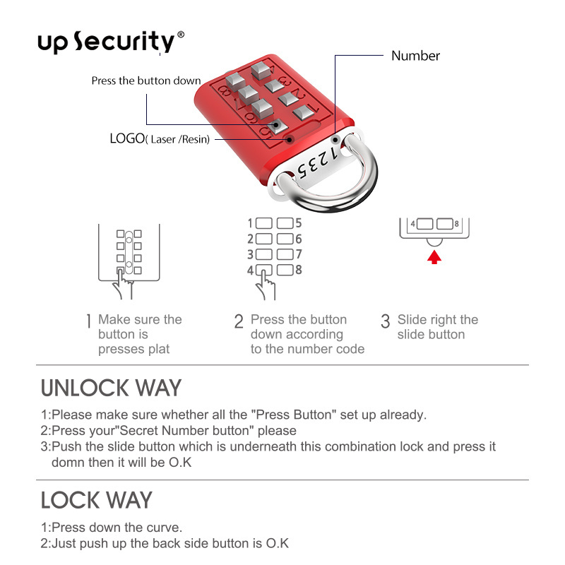 Outdoor Keyless 8 Push Button digital Password Padlock Combination Padlock for Blind Man