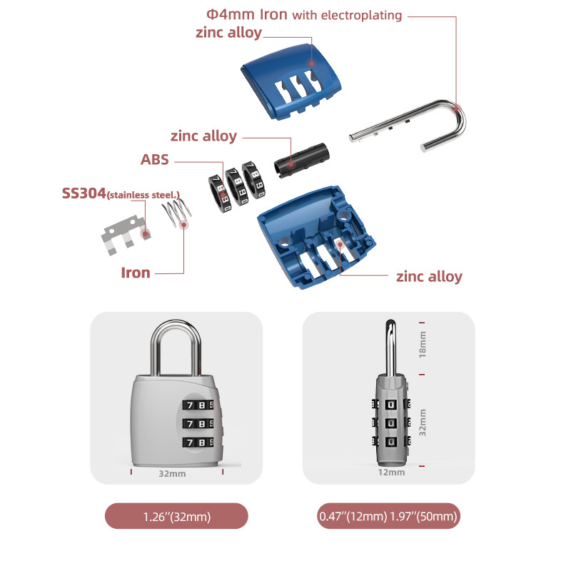 3 digits combination padlock Factory zinc alloy safety GYM padlock hot selling security 3 digit combination luggage zipper lock