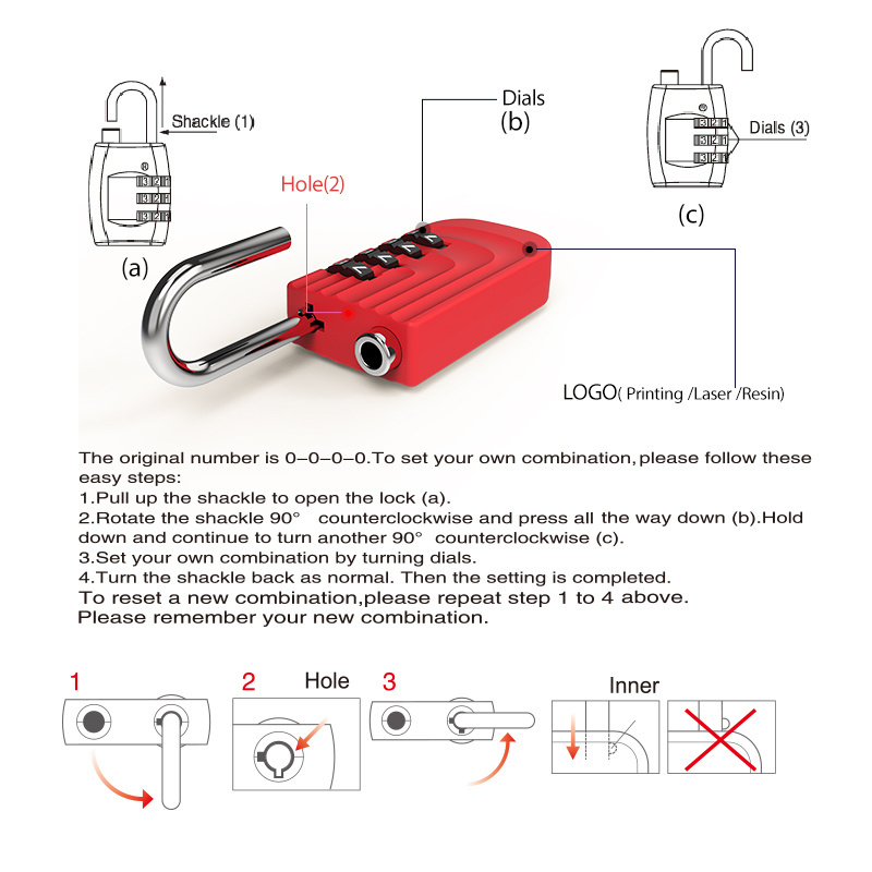 2023 New Design 4 digit Combination Lock for Luggage Cabinet Padlocks Resettable Four Dial Combination Locks