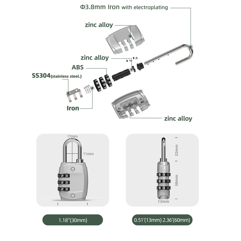 High Quality China Manufacture 3 Digit Combination Lock Small Luggage Suitcase Locker Changeable Combination Padlock