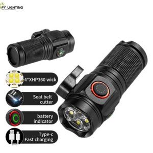 High Lumen Super Bright Type-C Rechargeable Flashlight Long Distance Torch with belt cutter for Emergency Use