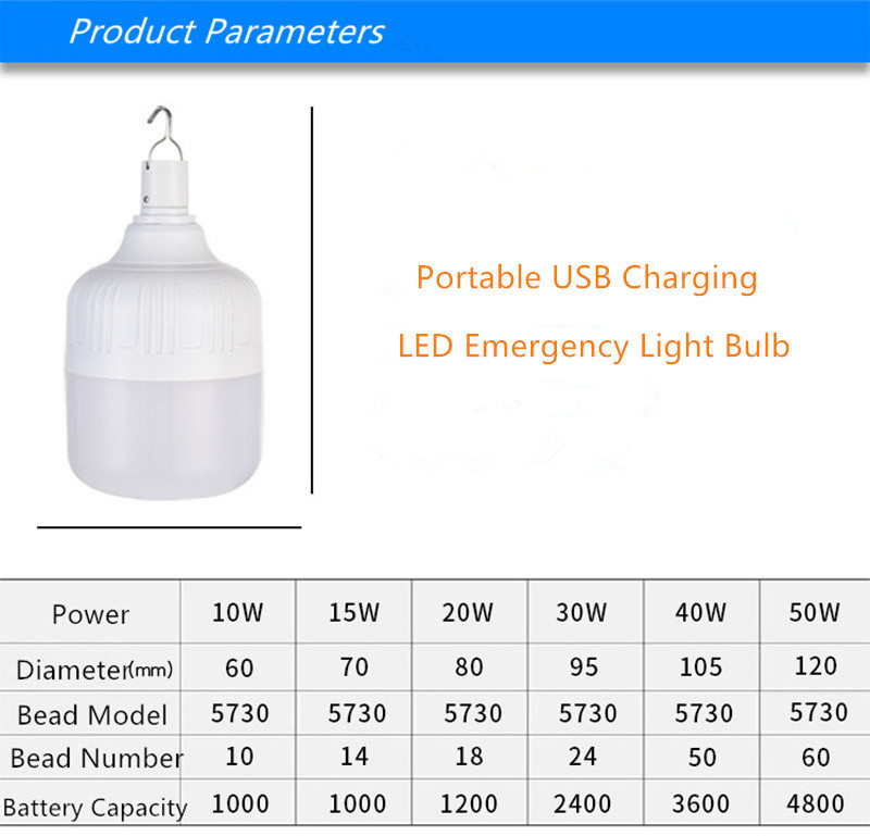 Portable Emergency Light Bulb with Hook 10W 20W 30W 40W 50W Fishing Camping Lights USB Charging LED Lantern Lamps