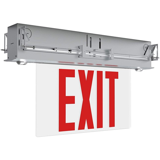 Recessed Edge-Lit Red Exit Sign, 120-277V Double Face LED Combo Emergency Light with Adjustable Two Head and Backup Battery