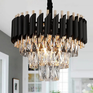 Hot Selling Golden Matte Black Shiny Iron K9 Crystal Lighting 8*E14 LED Pendant Lamp Round Pendant Lights Luxury Chandeliers