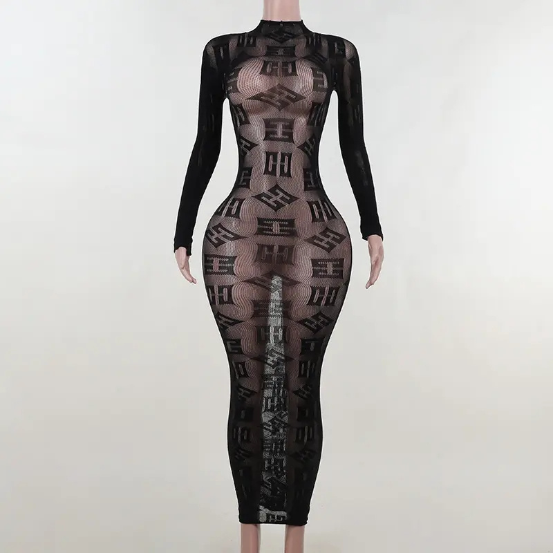 High quality party club dresses wear long sleeve prom fashion see through mesh sexy maxi dresses