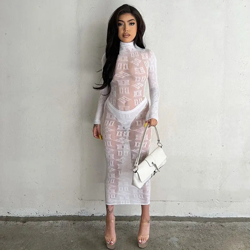 High quality party club dresses wear long sleeve prom fashion see through mesh sexy maxi dresses