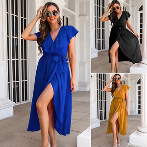 Women's Ruffle V-neck Sleeveless Dress Wrapped Split Large Swing Long Skirt Women's Solid Color Summer Sleeveless Skirt