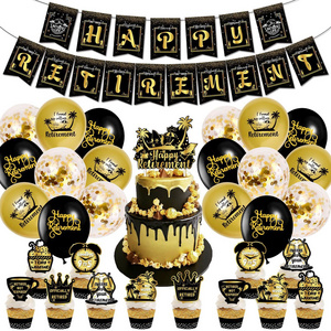 Black Gold Happy Retirement Paper Banner Cake Toppers Printed Latex Confetti Balloons Set For Retirement Theme Party Decoration