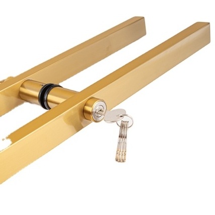 satin Golden stainless steel square tube door handle with lock for glass wooden metal door