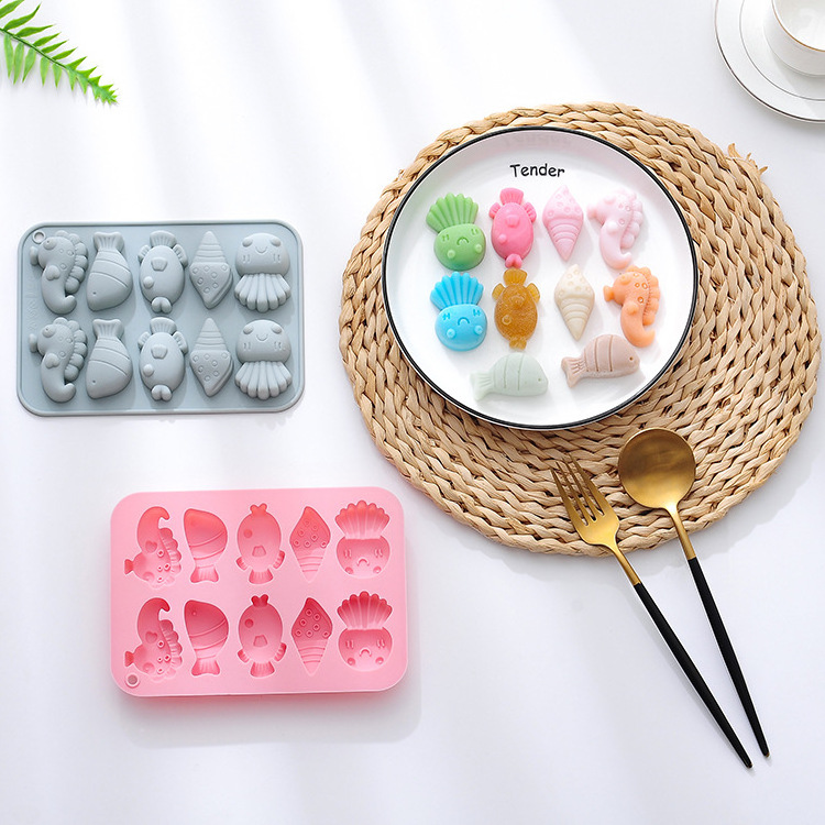 Hot sales cartoon 10 cavities marine biological silicone mold food grade silicone easy to release no smell mold for making cake