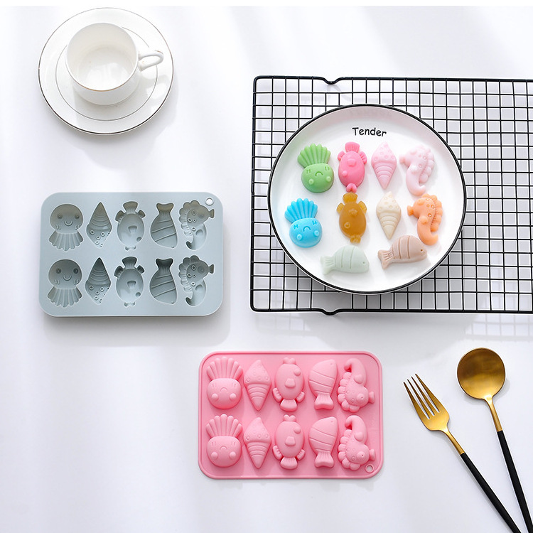 Hot sales cartoon 10 cavities marine biological silicone mold food grade silicone easy to release no smell mold for making cake