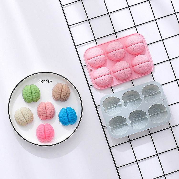 Hot sales creative 6 cavities brain silicone mold easy to release and easy to clean chocolate candy baking tool funny cake mold