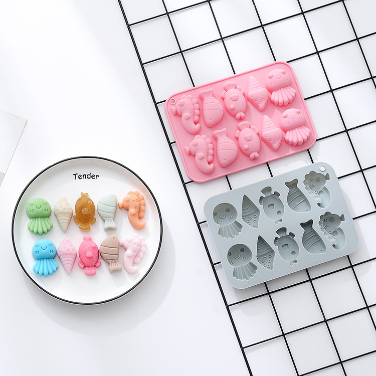 Hot sales cartoon 10 cavities marine biological silicone mold food grade silicone easy to release no smell mold for making cake