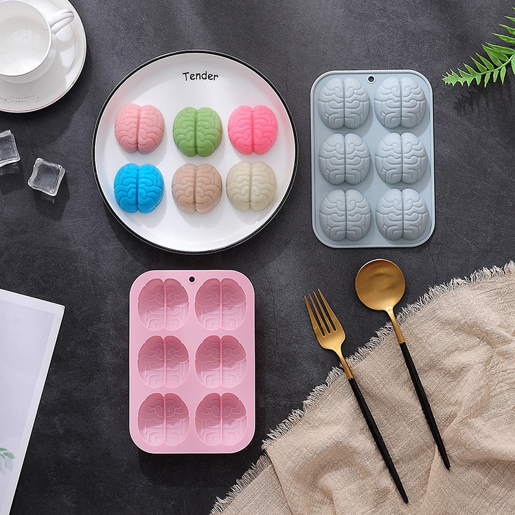 Hot sales creative 6 cavities brain silicone mold easy to release and easy to clean chocolate candy baking tool funny cake mold