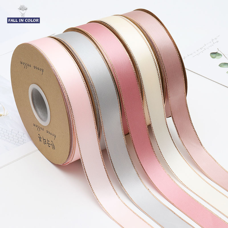 Fall In Color Wholesale 25mm 50yards Golden Edge Wire Ribbon Gift & Flower Wrapping Satin Ribbon