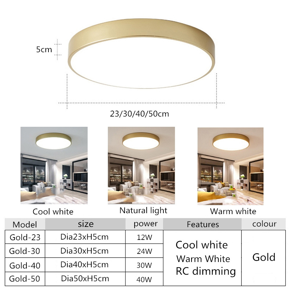 Ultra-thin 5cm Gold LED Ceiling Light Modern Round Surface Mount Flush Panel Lamp Remote Control Ceiling Light For Foyer Bedroom