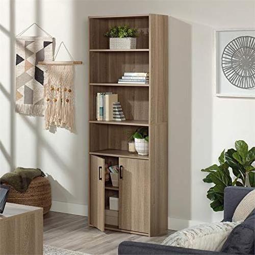 Bookcase with Doors, 4 Tier Display Storage Shelves Home Decor Furniture for Office, Living Bed Room, Summer Oak Finish