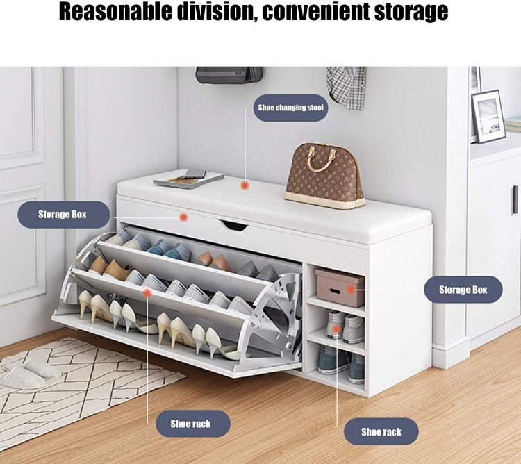 Modern Living Room Corridor Walkway Tipping Bucket Shoe Storage Cabinet Entryway Wooden Box Shoe Rack Bench with Seat Cushion