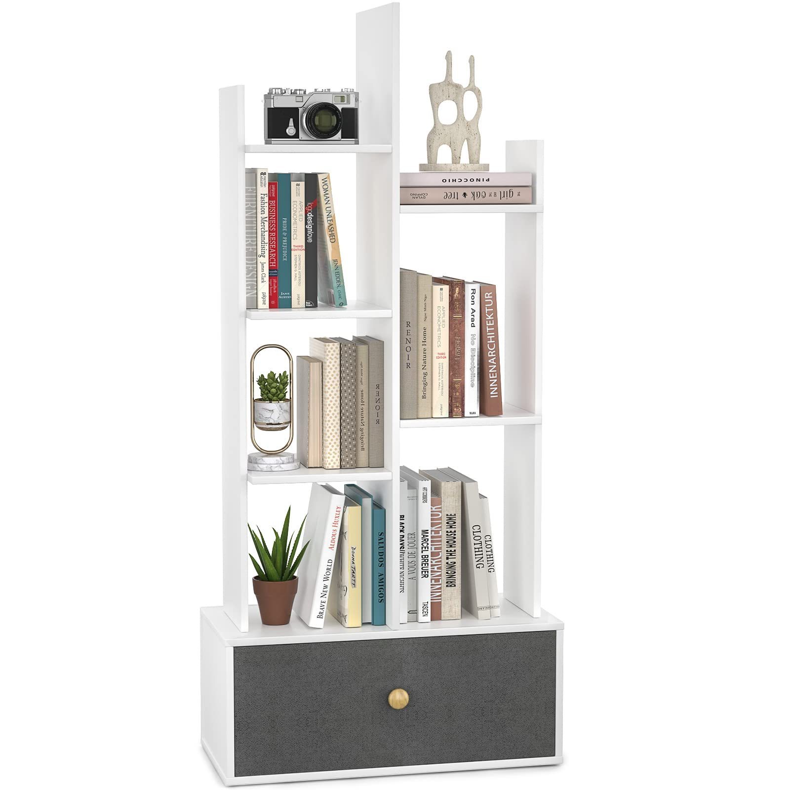 Tree Bookshelf with Drawer Wooden Small Bookcase Storage Rack Mini Bookcases Narrow Desktop Organizer Shelves for Bedroom Office