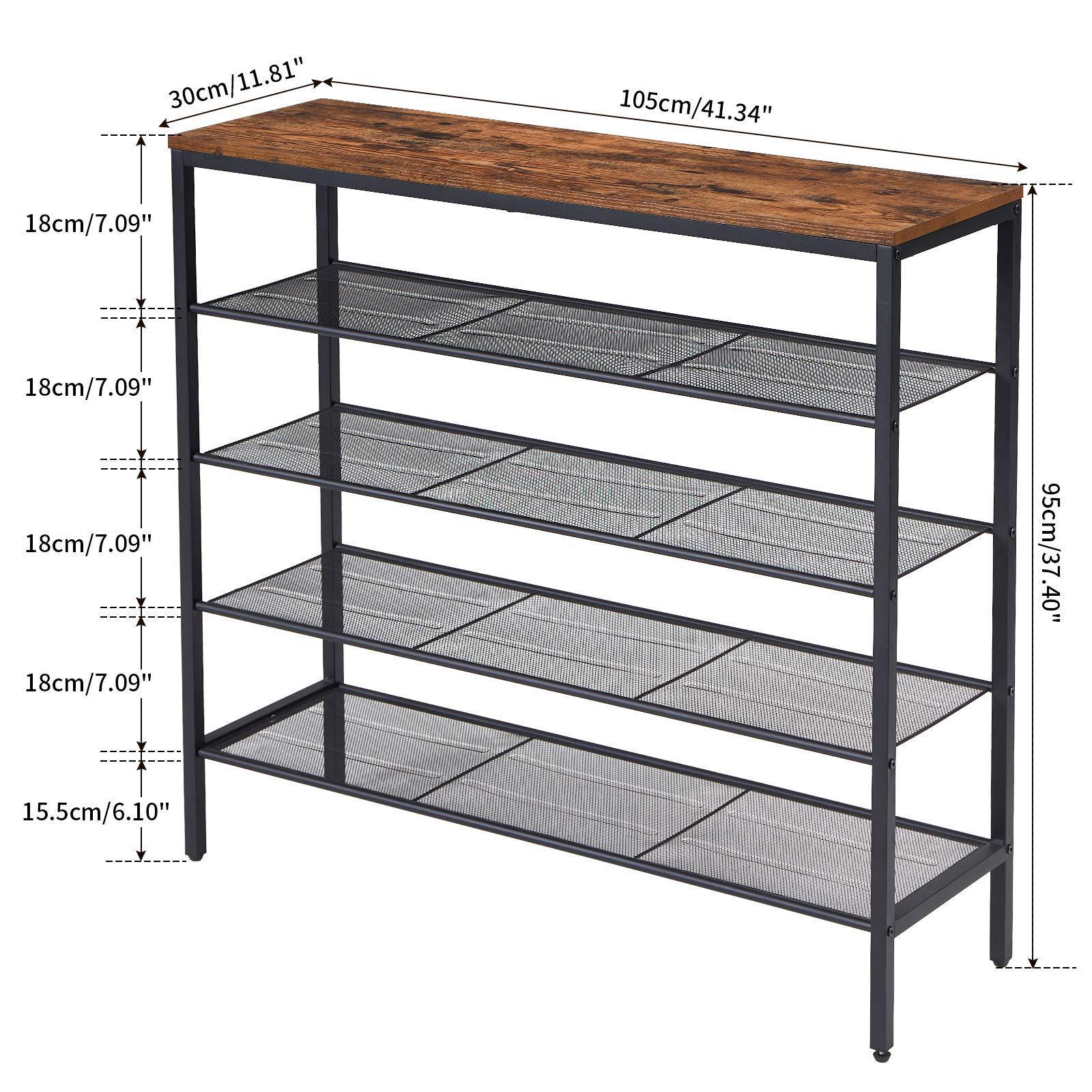 Industrial Shoe Rack, 5-Tier Shoe Storage with 4 Mesh Shelves, Flat or Slant Adjustable Shoe Organizer for 16 Pairs for Entryway