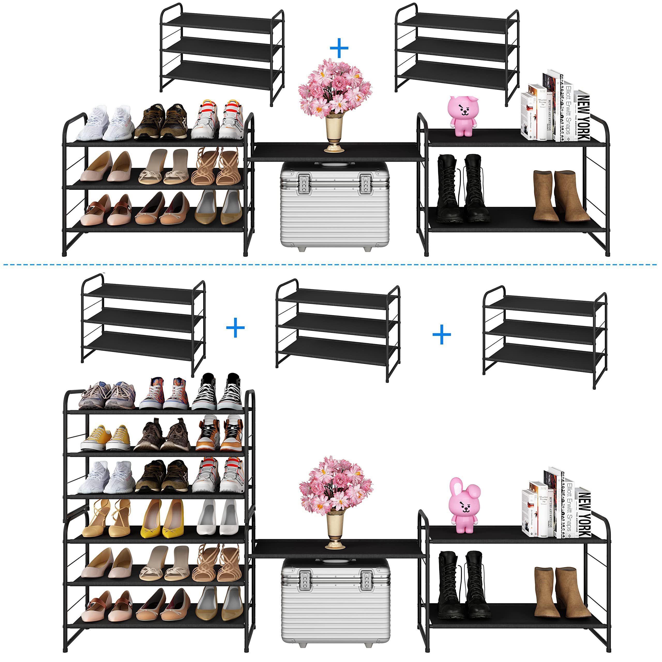 3-Tier Stackable Shoe Rack, Expandable & Adjustable Fabric Shoe Shelf Storage Organizer, Bronze