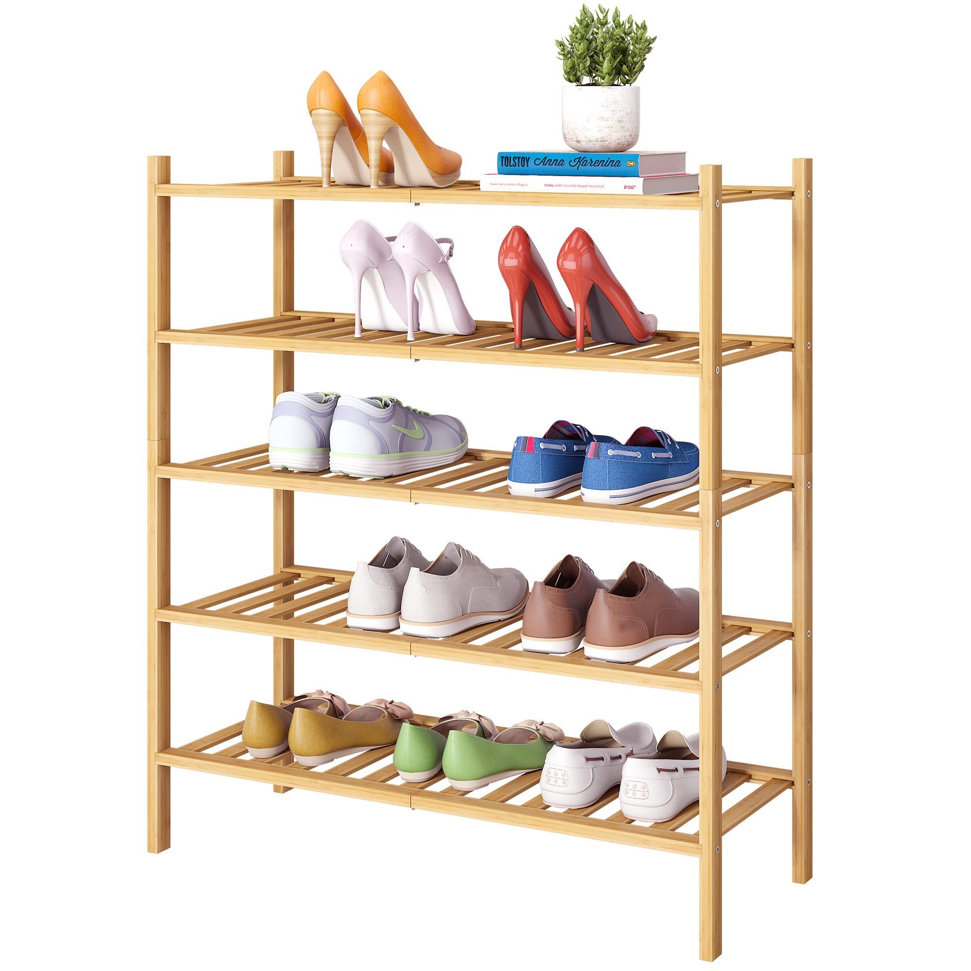 5 Tier Bamboo Shoe Rack Stackable Shoe Shelf Storage Organizer for Unit Entryway Hallway and Closet Sturdy Shoe Shelf